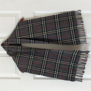 Burberry 80's Vintage Classic Plaid Pure Lambswool Fringe Hem Scarf Dark Gray